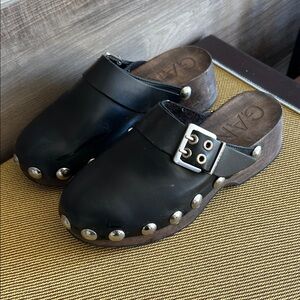Ganni Black Leather Clogs with Silver Accents